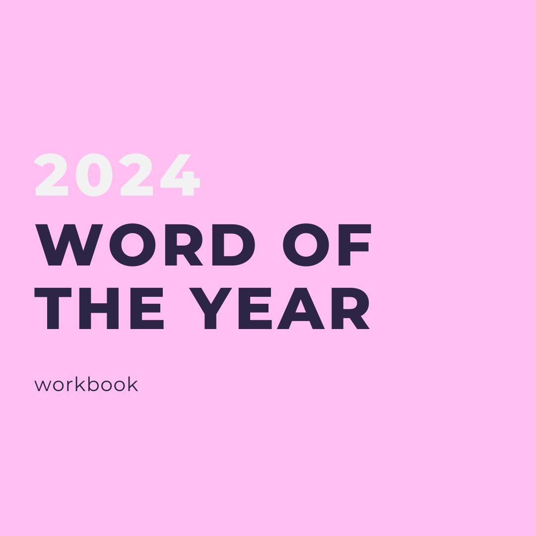Pink background in white text 2024, in black text word of the year workbook