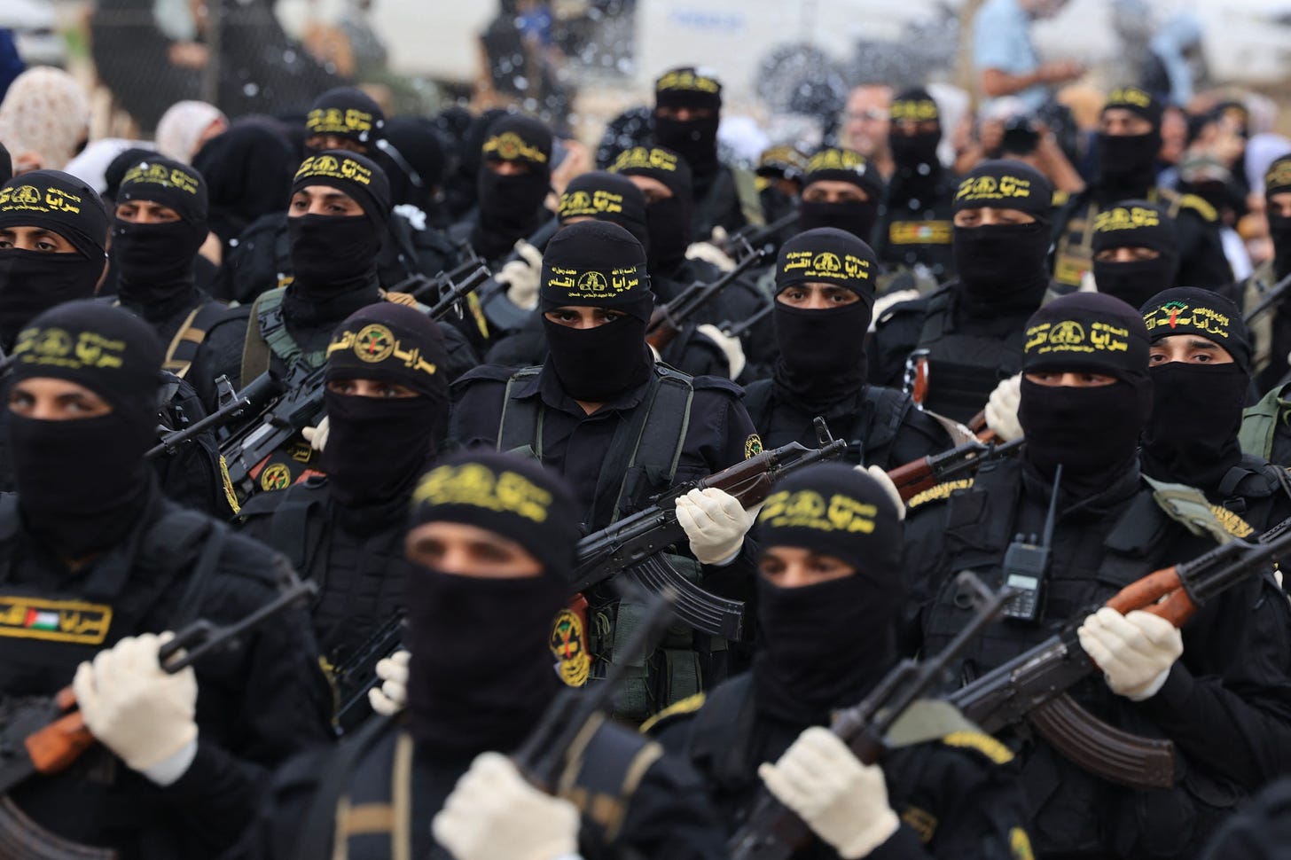 Islamic Jihad terrorists on parade in Gaza City on 4 October, about a week before the Hamas attack on Israel. Photograph by Mahmud Hams/AFP/Getty Images.