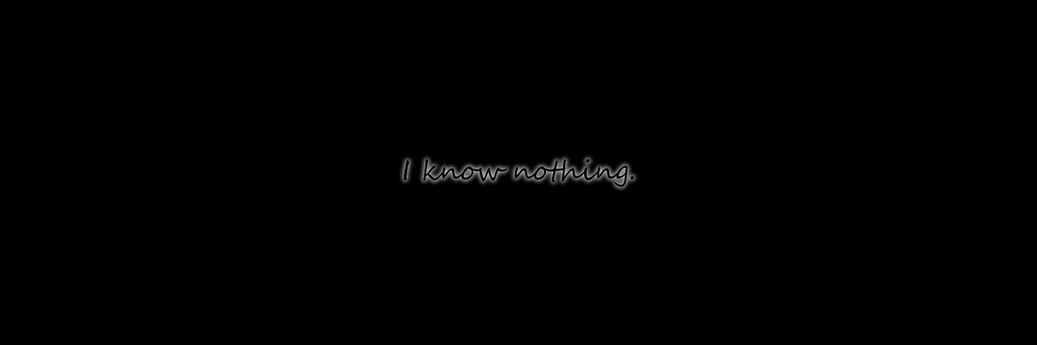 This image consists of a black background. In the middle of the image are the words ‘I know nothing.” written in black with a white glow.