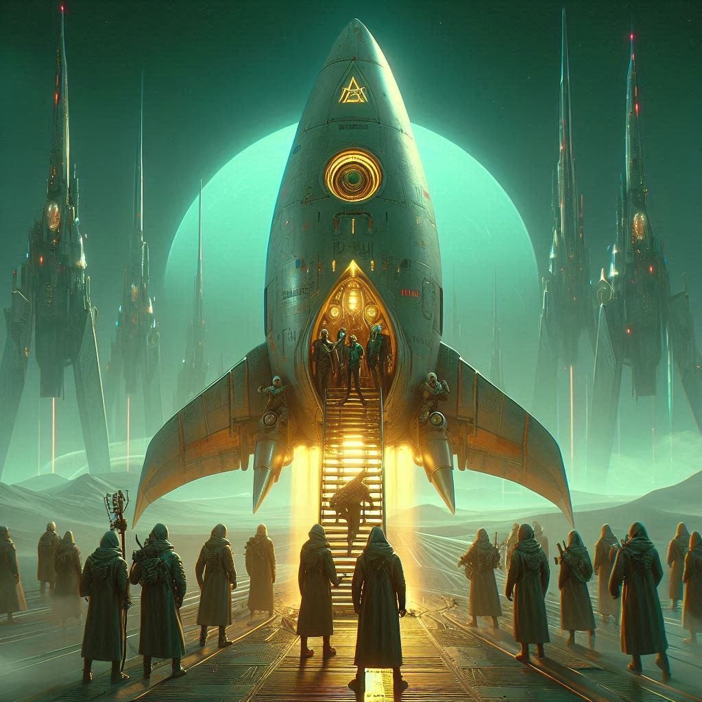 cult members boarding a large rocket, cyberpunk