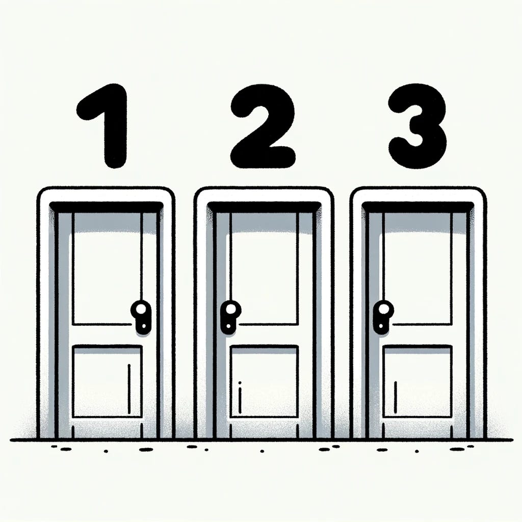 A simple black and white cartoon featuring three doors side by side. Each door is distinctly labeled with large, clear numbers: the first door with '1', the second door with '2', and the third door with '3'. The style is minimalistic and playful, suitable for a children's book illustration. The background is plain to ensure the doors and numbers stand out clearly.