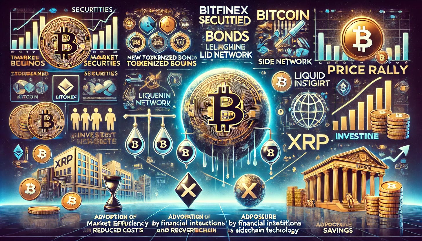 A 16:9 montage image with the following elements:

1. Bitfinex Launches Tokenized Bonds on Liquid Network: Show Bitfinex Securities with images of tokenized bonds, Bitcoin, and the Liquid Network logo, indicating the launch of new tokenized bonds leveraging Bitcoin’s sidechain technology. Highlight enhanced liquidity and accessibility.

2. Key Points: Visualize market efficiency and reduced costs with graphics showing streamlined financial processes and savings.

3. Investment Insight: Depict diversification and crypto assets with a balanced portfolio graphic, emphasizing exposure to new investment opportunities.

4. XRP's Predicted Price Rally: Illustrate a significant price rally for XRP with a skyrocketing graph, XRP logo, and images of financial institutions and governments, highlighting its transformative potential.

5. Key Points: Show adoption by financial institutions and governments with icons and connections to XRP.

6. Investment Insight: Depict market fluctuations and speculative nature with a balance scale, showing the risk and reward of investments.