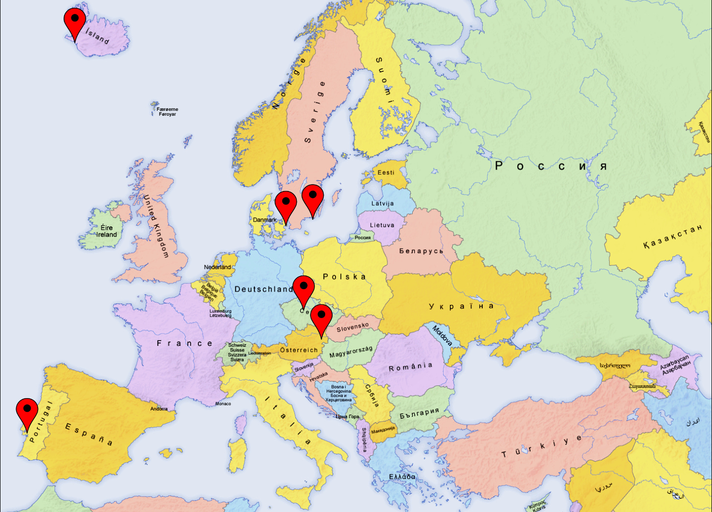 European Map showing six featured cities