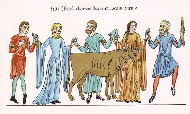 The Adoration of the Golden Calf – Picture from the Hortus deliciarum of Herrad of Landsberg (12th century) (Public Domain) 