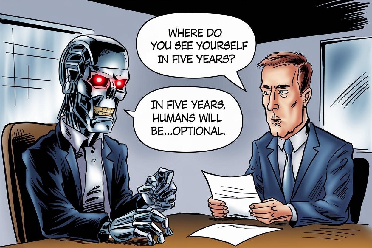 Cartoon illustration. The Terminator, metallic with red glowing eyes is at a job interview. Across from him is a person with papers, asking the Terminator "Where do you see yourself in five years? The Terminator says: "In five years, humans will be...optional." The interviewer is shocked. The setting is a typical corporate office room and the terminator is wearing a business suit.