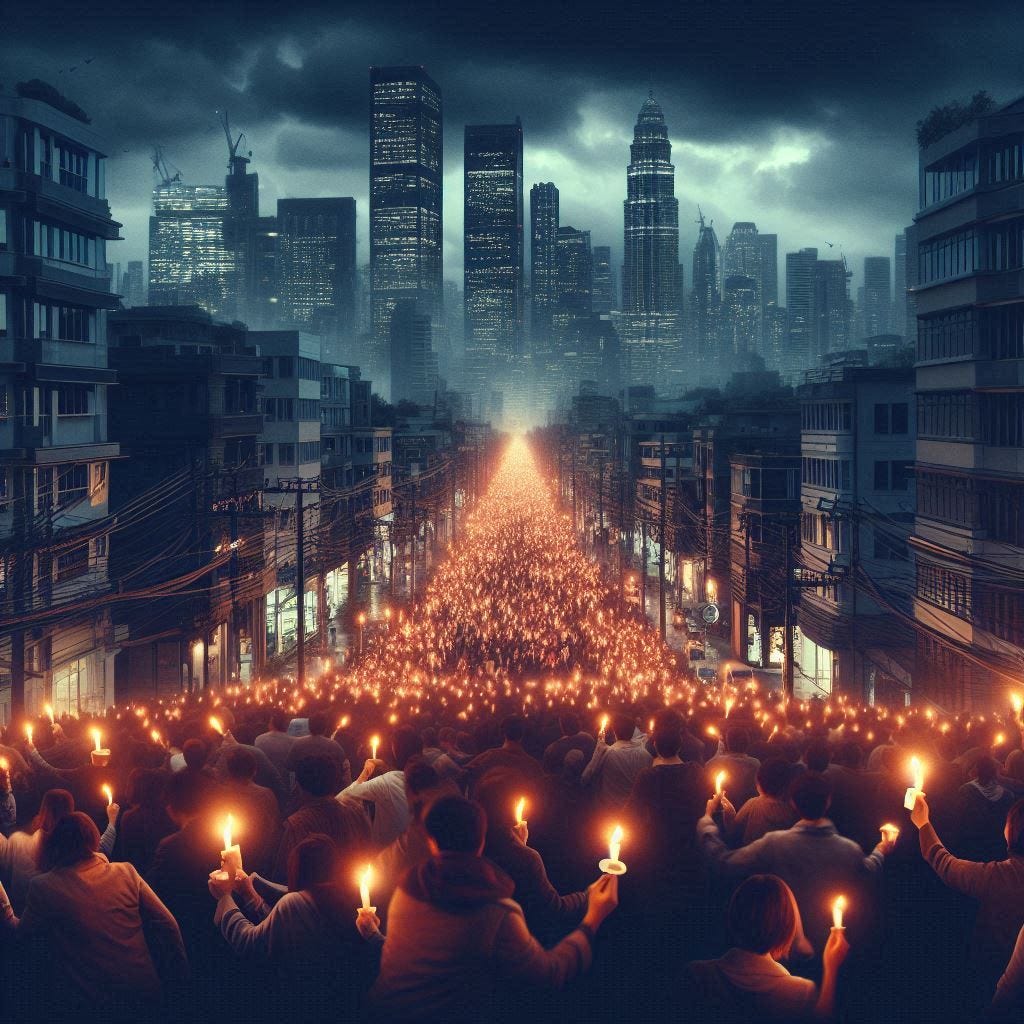 show a crowded modern city in blackout and people rushing out in the streets. holding candles. realistic. 