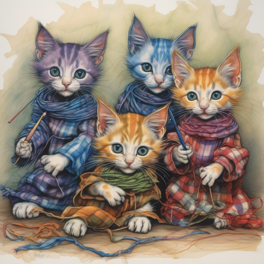 Four adorable kittens wearing plaid jumpers and playing with string