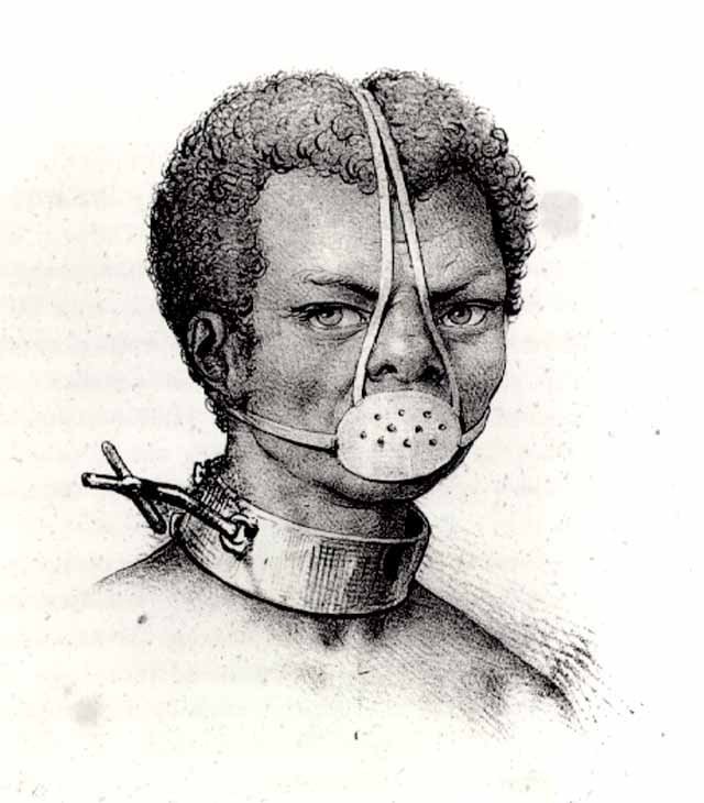 Enslaved woman wearing an "iron bit" with small covering over mouth, and metal apparatus around head and neck