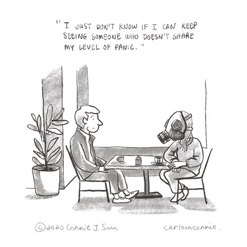 rejected ideas: levels of panic cartoon gas mask, face mask, pandemic, humor, couple, relationship, cartoon, levels of panic, comic, illustration, connie sun, cartoonconnie
