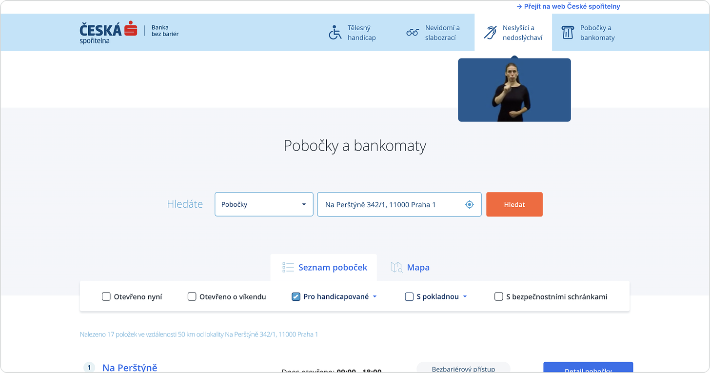 Ukázka překladu položek z hlavní navigace do znakového jazyka po najetí kurzorem myši z webu Banka bez bariér České spořitelny.