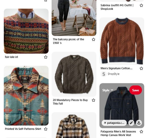 A pinterest board of different styles of shirt and sweater