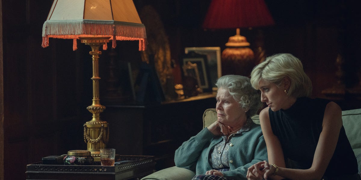 Imelda Staunton as Queen Elizabeth and Elizabeth Debicki as Princess Diana sit together in Season 6 of ‘The Crown’