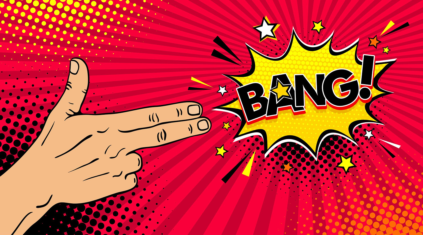 cartoon fingers making a gun, BANG, the word bang, www.time2thrive.ca