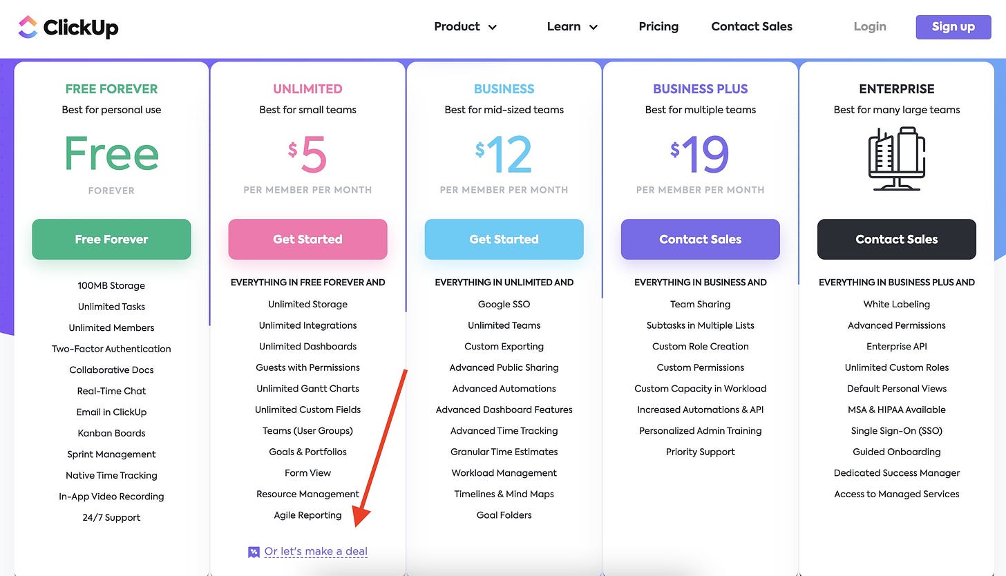 ClickUp's pricing page with a 'let's make a deal' button