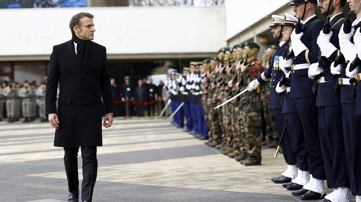 French President Emmanuel Macron reviews the troops during a military ceremony during a visit at the Digital Support and Cyber Command (CATNC) of the French Army as part of his New Year address to the Armed Forces, in Cesson-Sevigne, western France, Monday, Jan. 20, 2025.  - Sputnik International, 1920, 06.03.2025