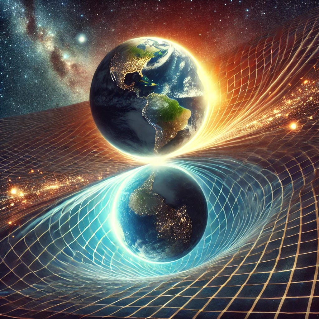 A conceptual artistic illustration of two Earths connected by a warped spacetime grid. The top Earth represents daylight with visible continents and oceans, while the bottom Earth is darker, illuminated by glowing city lights. Both Earths appear smaller and are flying toward each other, creating visible distortions in a picnic blanket-like warped grid. The grid is clearly curved in opposite directions, demonstrating gravitational effects. The background is a stunning cosmic scene with stars, nebulae, and a sense of depth. The overall atmosphere is symbolic and visually impactful.