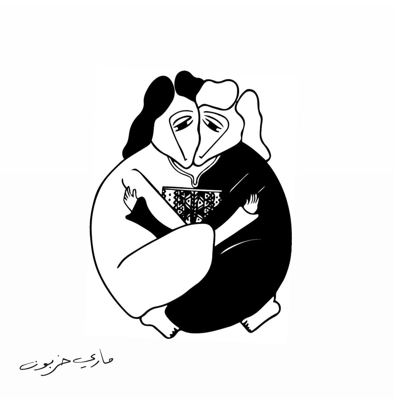 Two figures hugging each other. One with black hair and white clothes. The other with white hair and black clothes. They seem conjoined. There's a black patterned box between the two of them. 