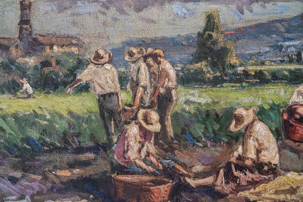 Post-Impressionist Artist, Harvesting the Crop, Large Oil Painting, Framed  for sale at Pamono