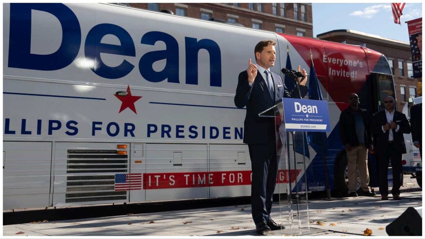 After signing a declaration of candidacy to run for president, Dean Phillips walked out of the New Hampshire Statehouse to address the crowd Friday, Oct. 27, 2023 Concord, Minn. (Glen Stubbe/Star Tribune via AP)