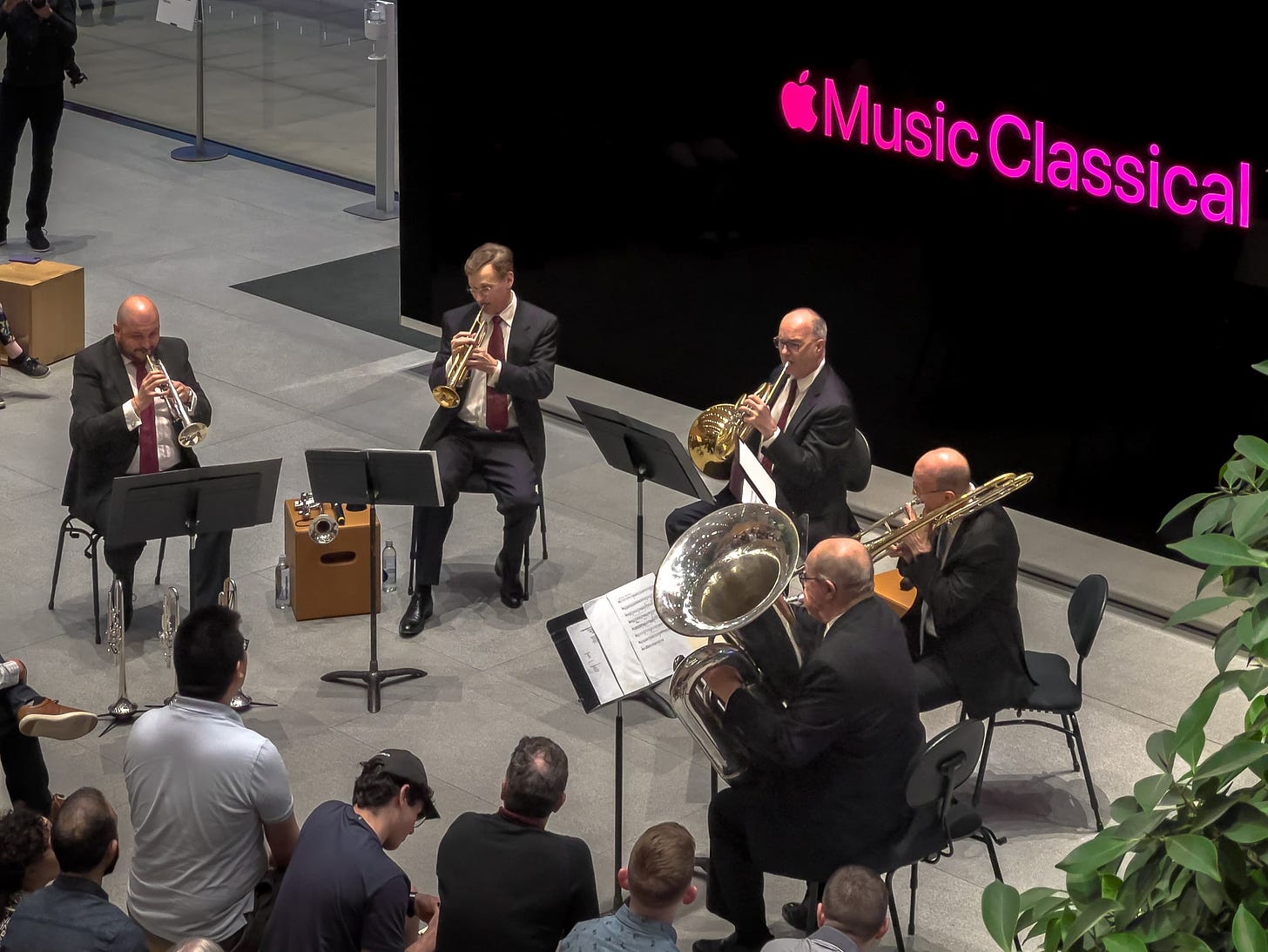 The Chicago Symphony Orchestra Brass Quintet performs at Apple Michigan Avenue.