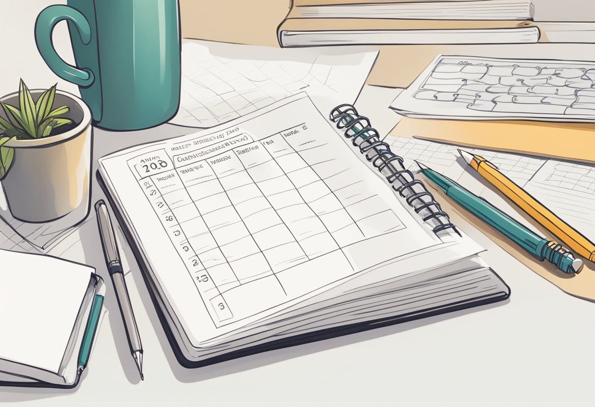 A desk with a journal, pen, and calendar. The journal is open to a page filled with goals and progress tracking. The calendar is marked with consistent review dates