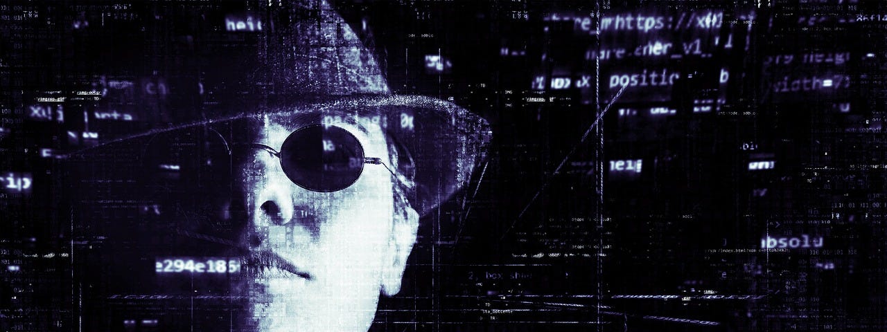 Black background with white computer text blurred, man in matrix style in hat and sunglasses to the left