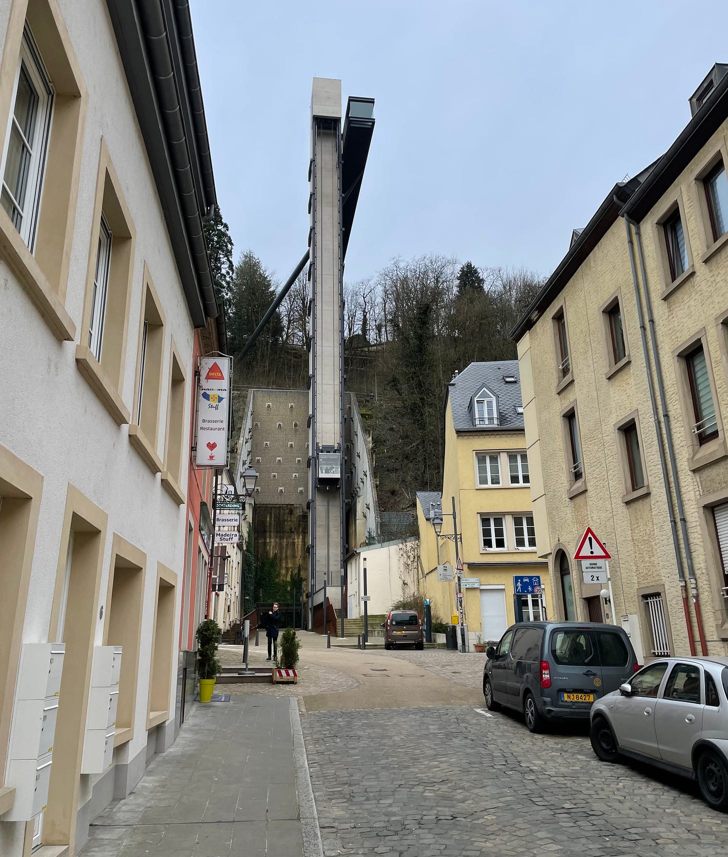 Luxembourg’s pedestrian (and runner?) elevator connects its lower and upper levels as a form of pubic transport.