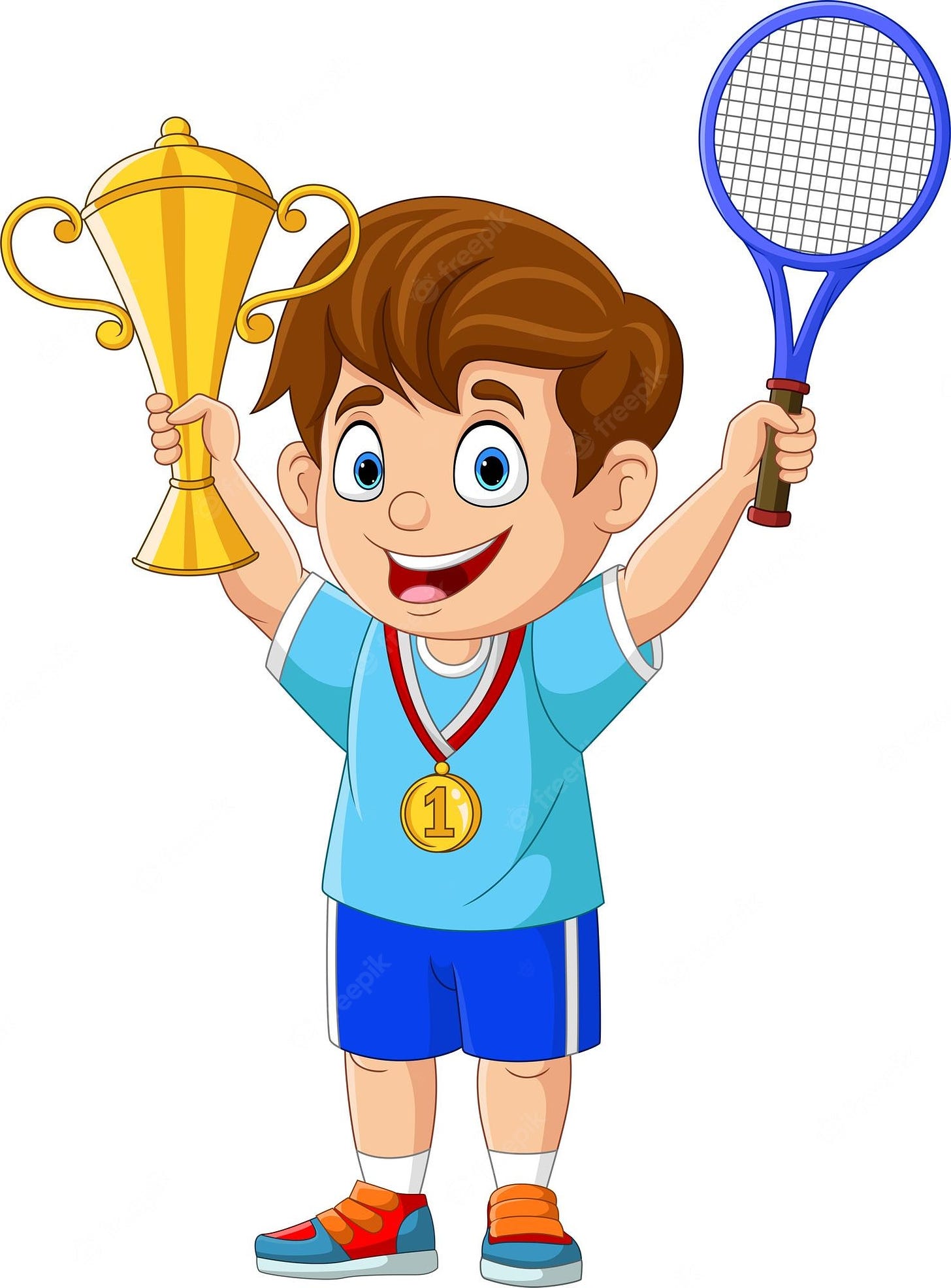 Premium Vector | Little boy holding gold medal and tennis trophy