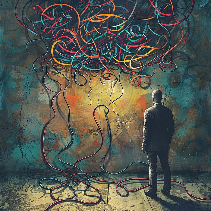 A person looking at a huge tangle of knots and complex wires that are hanging from the ceiling.