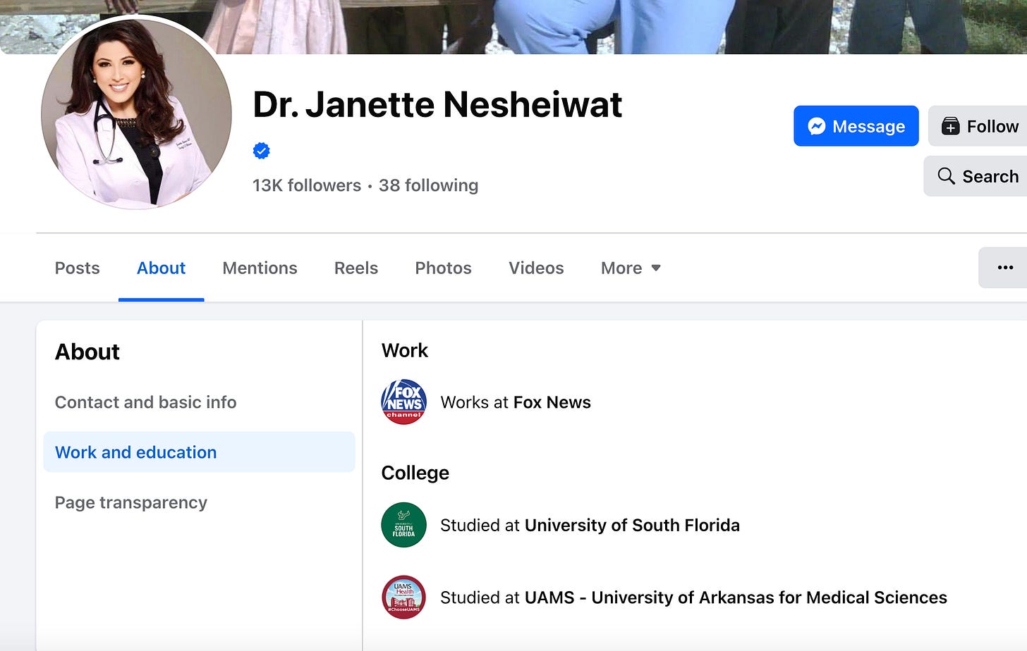 Screenshot of Nesheiwat’s “About” section of her Facebook profile, where under "College" she lists her undergraduate university and UAMS, but not the school from which she obtained her medical degree