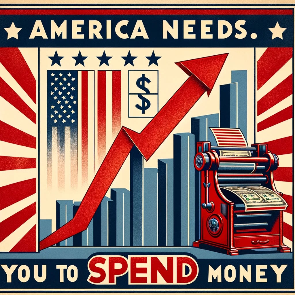 A wartime propaganda poster featuring a rising stock market graph. The top of the poster should have the bold statement 'America needs' and the bottom should say 'you to spend money.' Each corner of the poster should have an illustration of a vintage-style money printer. The overall design should reflect the American patriotic color scheme of red, white, and blue, with a style evocative of the 1940s. Additional elements like stars, stripes, or other patriotic symbols should be included to reinforce the theme.