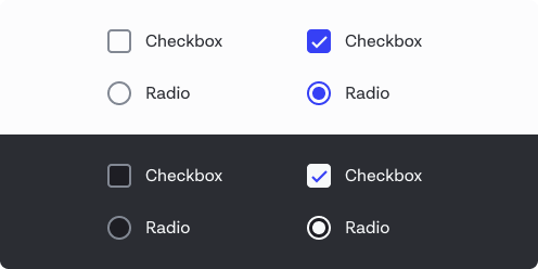 Examples of checkbox and radio in light and dark modes.  In dark mode, the blue selected states change to white.