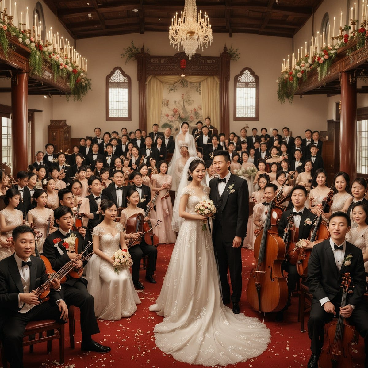 "A Chinese Christian Wedding. Luxurious settings. Beautiful picture, bride, groom, and parents and family on both sides, both young and old. Photorealistic. Choir with an orchestra of instruments. Panoramic Picture."