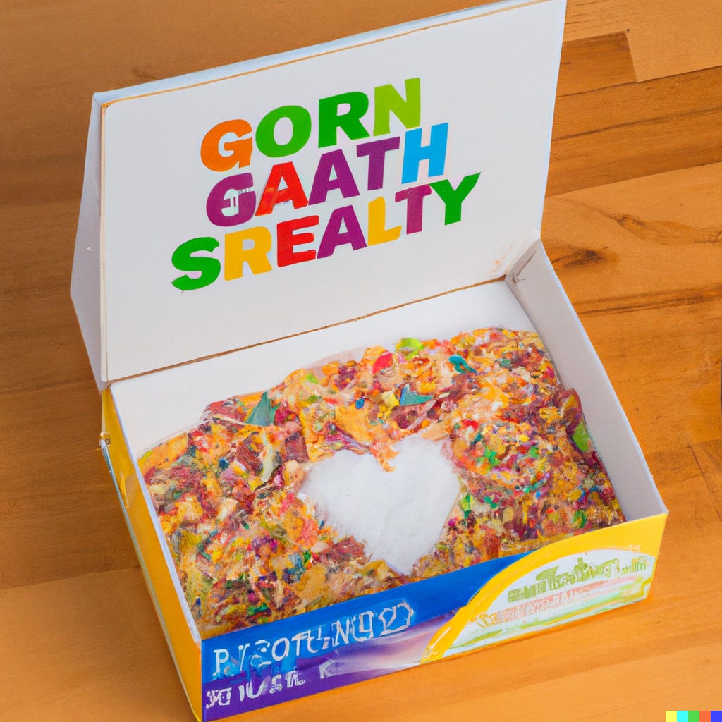 A super weird looking Dall-E AI rendering of, "A box of sugary cereal claiming to be healthy"