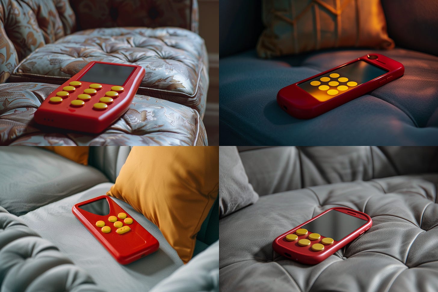 Red phone with yellow buttons lying on a sofa