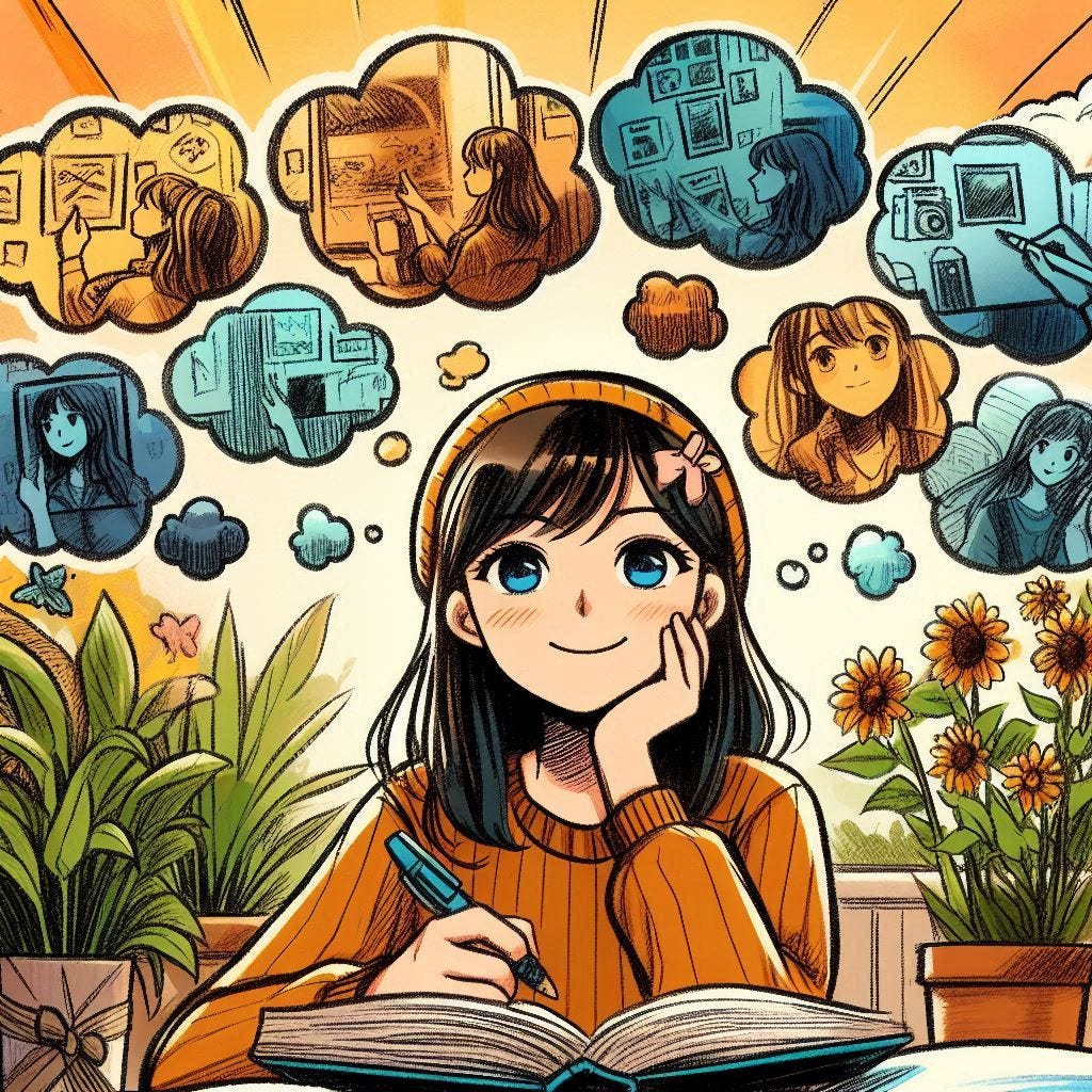 A girl documenting stories of her life in a notebook, she is thinking of many stories in her head, and take note on her books. The picture is vibrant, in orange yellow and blue color. Picture format: sketchy style. Recolor the picture with more green, add plants with natural background, some sunlight, reduce orange or yellow, add more white. The girl is younger, the style should be more anime. The girl's face is happy, hopeful and the way she sketches shows that she's a creative and adventurous.