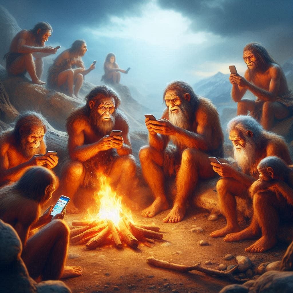 An AI image of early man around a campfire on mobile phones