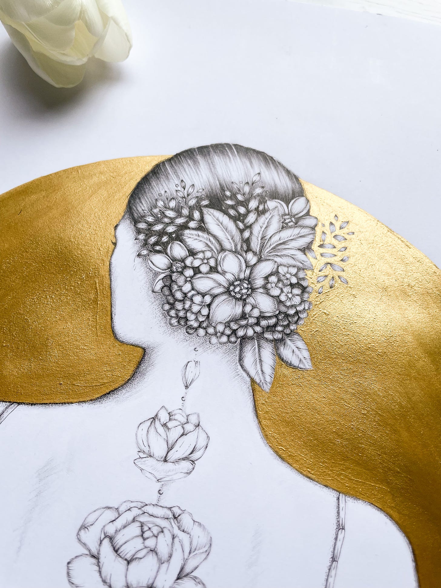 Botanical illustration with experimental back tattoo design with gold paint
