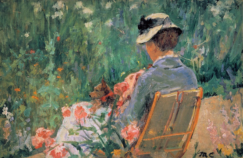 Mary Cassatt. Lydia seated in the garden with a dog on her lap (c. 1880) - Lydia has brown hair, a white hat with dark blue ribbon around it, a blue coat and a white skirt. On her lap is a small cute brown dog with a red ribbon around its neck. Lydia and the dog are seated facing from us and facing what looks like a lush garden. She appears to be on a sandy or gravel path and is facing away from us. 