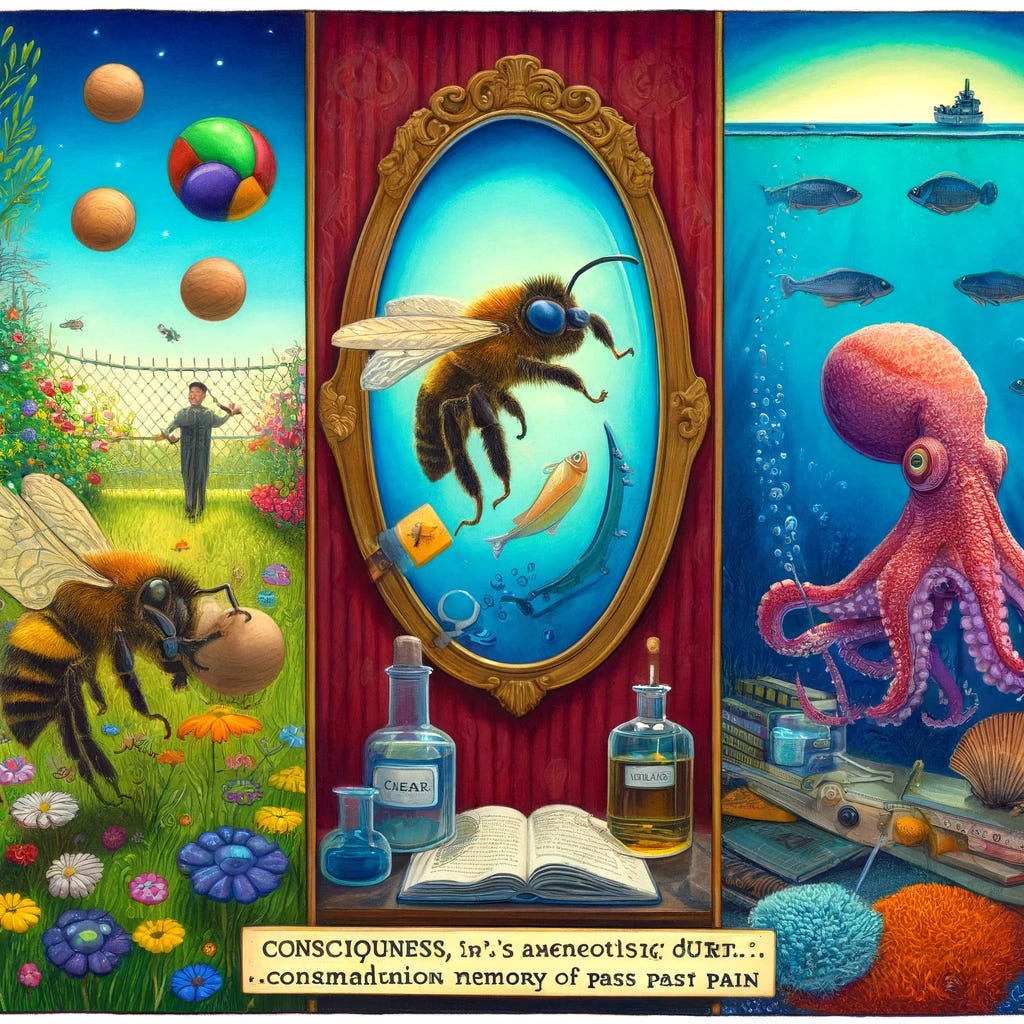 A whimsical illustration depicting three scenes of animal behavior that hint at consciousness. First, a bee playfully rolling a wooden ball in a vibrant, colorful garden. Second, a cleaner wrasse fish looking at its reflection in an underwater mirror amidst coral reefs. Third, an octopus in an oceanic setting, reacting to an anesthetic drug and avoiding a specific area, indicating memory of past pain. The background is filled with a mix of natural and academic elements, like books and a conference podium, symbolizing the blend of nature and science. The overall tone is playful yet insightful, with an emphasis on animal intelligence.