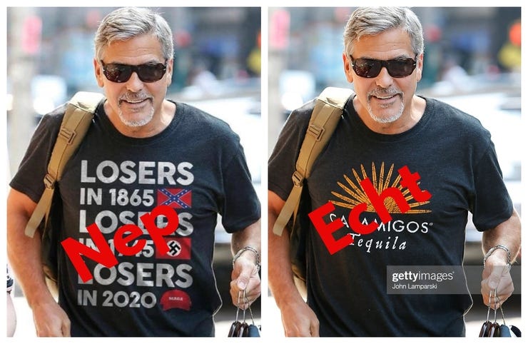 Links de gemanipuleerde foto, rechts de echte foto van George Clooney.