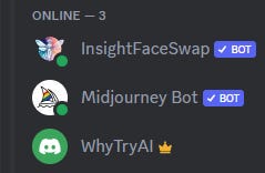 Discord server with Midjourney bot and InsightFace bot added