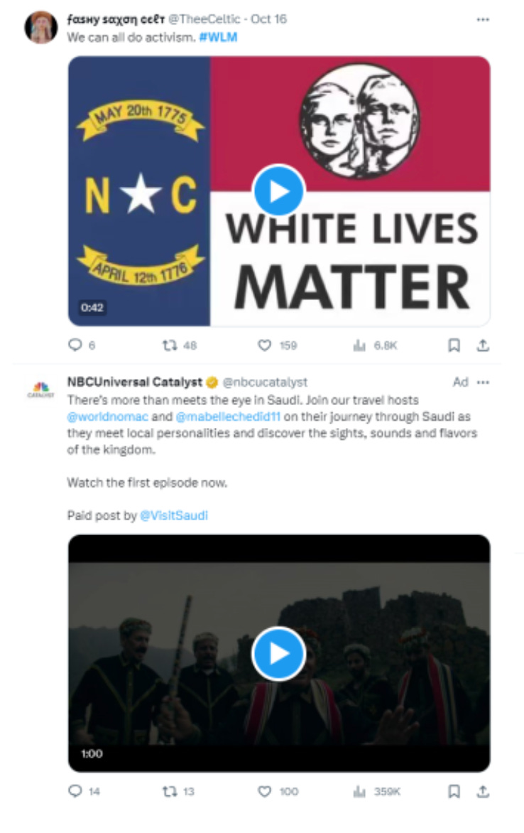 a post about white lives matter above a post from nbcuniversal