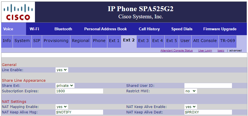 Cisco management screen for extension 2