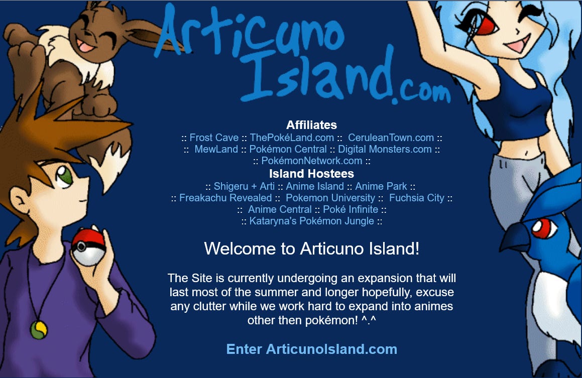 A splash page for Articuno Island from August 2000