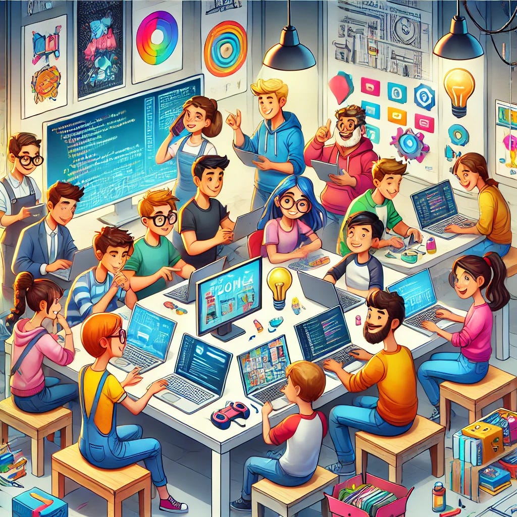 A colorful and lively cartoon image of a group of diverse students working together to build digital games. The students are gathered around a large table with laptops, tablets, and other tech gadgets, actively collaborating on coding, designing, and testing their game ideas. Some students are typing code on their laptops, while others are sketching out game characters or levels on digital drawing pads. The atmosphere is one of creativity and teamwork, with the students excitedly sharing ideas and helping each other. The background features a modern classroom or a tech lab with educational posters, shelves with tech books, and bright lighting. The overall mood is energetic and innovative, showcasing the fun and collaborative process of creating digital games together.