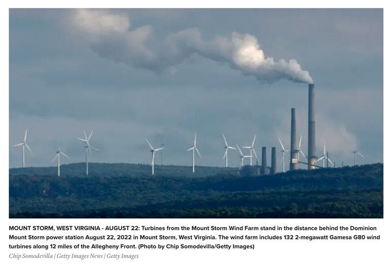 May be an image of text that says 'MOUNT STORM, WEST VIRGINIA- AUGUST 22: Turbines from the Mount Storm Wind Farm stand in the distance behind the Dominion Mount Storm power station August 22, 2022 Mount Storm, West Virginia. The wind farm includes 132 2-megawatt Gamesa G80 wind turbines along 12 miles the Allegheny Front. Photo by Chip Somodevilla/Getty Images) Chip Somodevilla Getty Images News Getty Images'