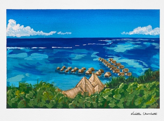 A painting of the lagoon from the belvedere in Moorea