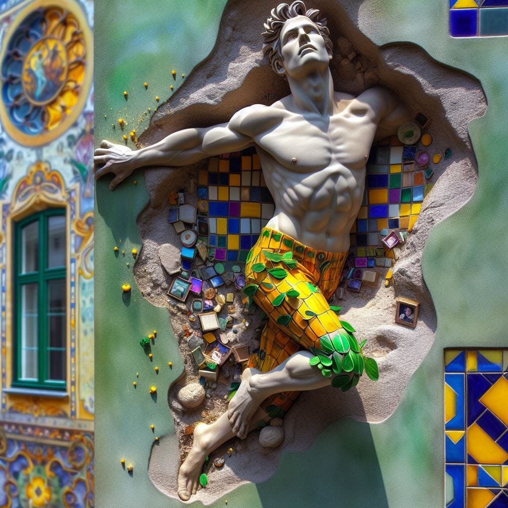 Hyper realistic; tilt shift; Lensbaby Effect.male Haute couture MANNEQUIN STATUE OF soapstone merging Quatrefoil on wall: mannequin is dancing in tiny moringa leaf green and yellow outfit. one with prussian blue Gothic Tracery: Louver yellow and chartreuse decorative ceiling tiles. gold and purple-grey and green details .man merges into the Hundertwasserhaus, Vienna, Austria:  his body partly embedded in wall. scattered GLITTER. sunny sky, fluffy clouds.  radiant. Neon