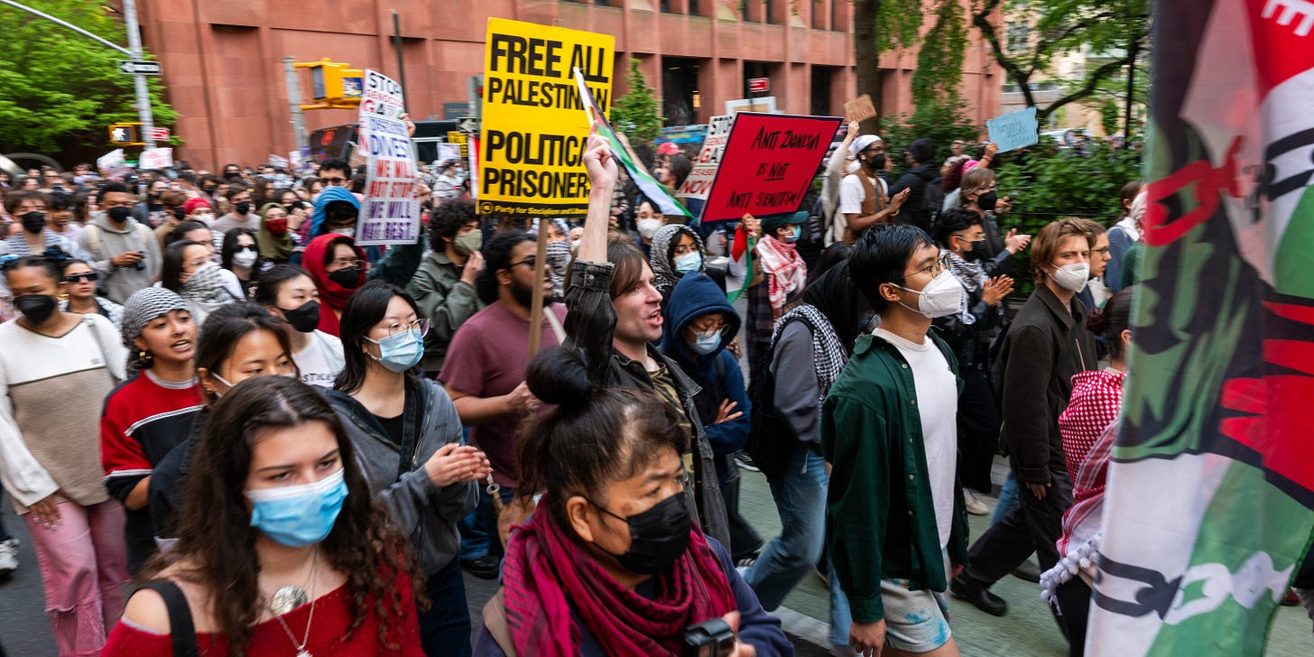Pro-Palestine protesters demonstrate outside of New York University against the school's investments and its administrations views on Israel on May 03, 2024 in New York City.